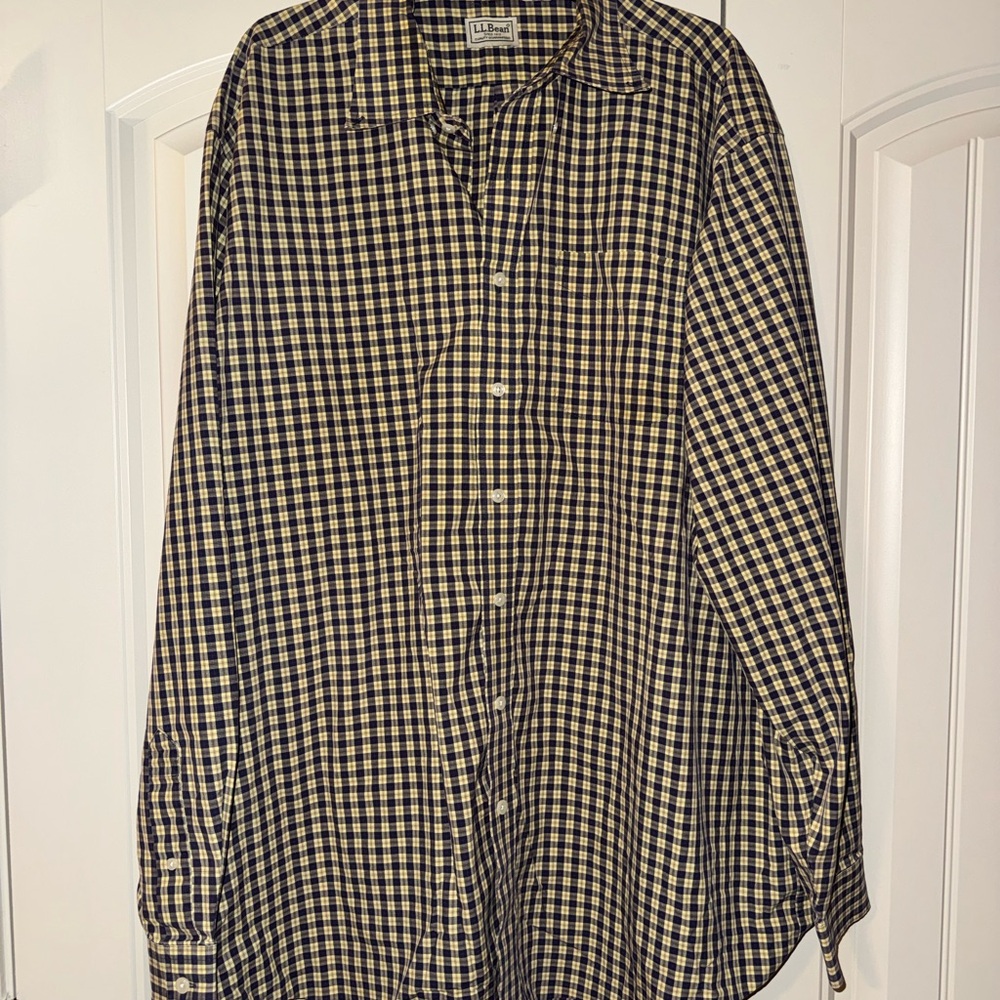 L.L. Bean Men's Navy and Cream Plaid Shirt